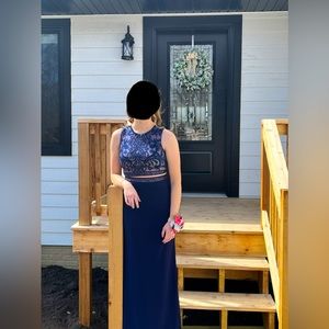 Size 4, 2 piece prom dress, navy blue with diamonds and pads